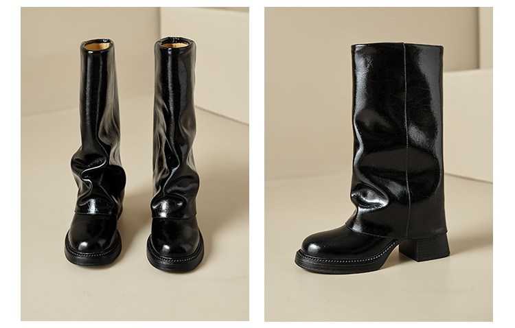 Boot nữ da thật cổ cao gót chunky đế xuồng màu trắng, kiểu dáng ôm chân, mùa thu đông — Lớp lót nhung đen, Lớp lót đơn màu trắng nhạt, Lớp lót đơn màu xám, Lớp lót nhung màu xám chi tiết 21