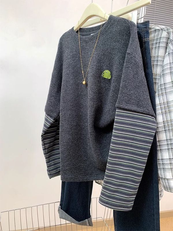 特大サイズ 120kg フェイクツーピースストライプスプライシング長袖 Tシャツ女性のための春レトロ起毛ボトムシャツトップイン|undefined