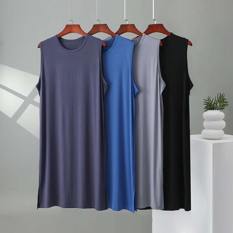 Men's Modal Pajamas Sleeveless Tank Top Long Casual Nightgown Dress Loose Plaid Home Wear Bathrobe