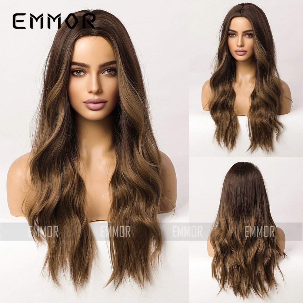Peluca completa transfronteriza de Amazon con raya en medio, reflejos marrones degradados, fibra sintética de alta temperatura, peluca de estilo europeo y americano para mujer, cabello largo y rizado.