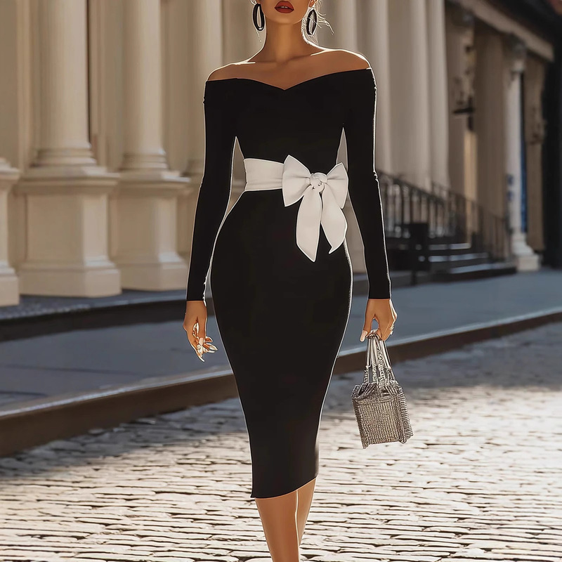 2025 European and American Clothing Amazon Temu Long-Sleeved V Neck Pure Color Bow Tie Dress Hip-Covering Long Skirt