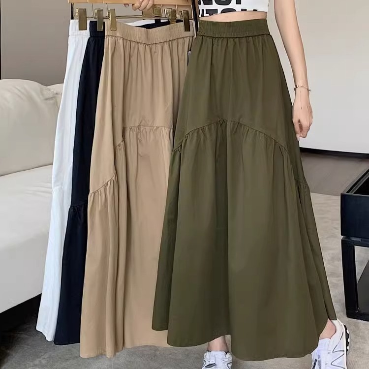 Summer fashionable pleated skirt, design fitted long skirt, for teenagers, Korean style, trend of season, elastic waist, maxi length