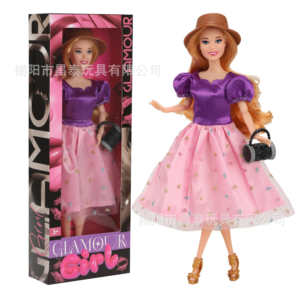 Foreign Trade Cross-Border Color Boxed 30cm Fashionable Barbie Doll Clothes Dress Classy Evening Dress Round Hat Drum Bag