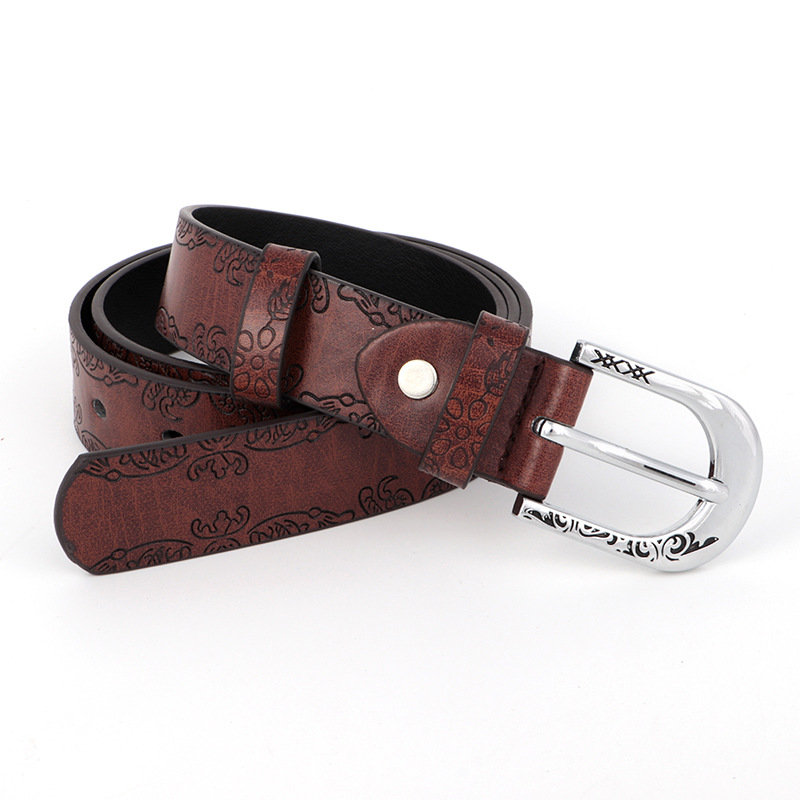 Cinturón Grabado Estilo Étnico para Mujer de Cuero PU con Hebilla de Aguja para Jeans