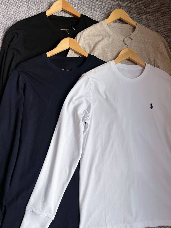 Áo thun tay dài cổ tròn cotton thêu logo ngựa nhỏ, form suông — Màu trắng, Màu xanh navy, Màu yến mạch, Màu đen chi tiết 2