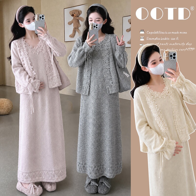 Real shot of a lace-trimmed maternity knit two-piece set, autumn gentle collar camisole dress, loose-fitting cotton and rabbit fur Real shot of a lace-trimmed maternity knit two-piece set, autumn gentle collar camisole dress, loose-fitting cotton and rabbit fur