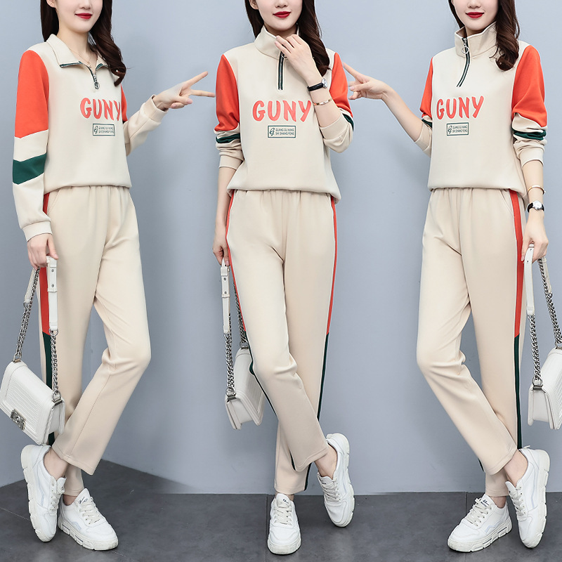 休闲运动套装女2022春季新款字母印花洋气百搭显瘦卫衣长裤两件套