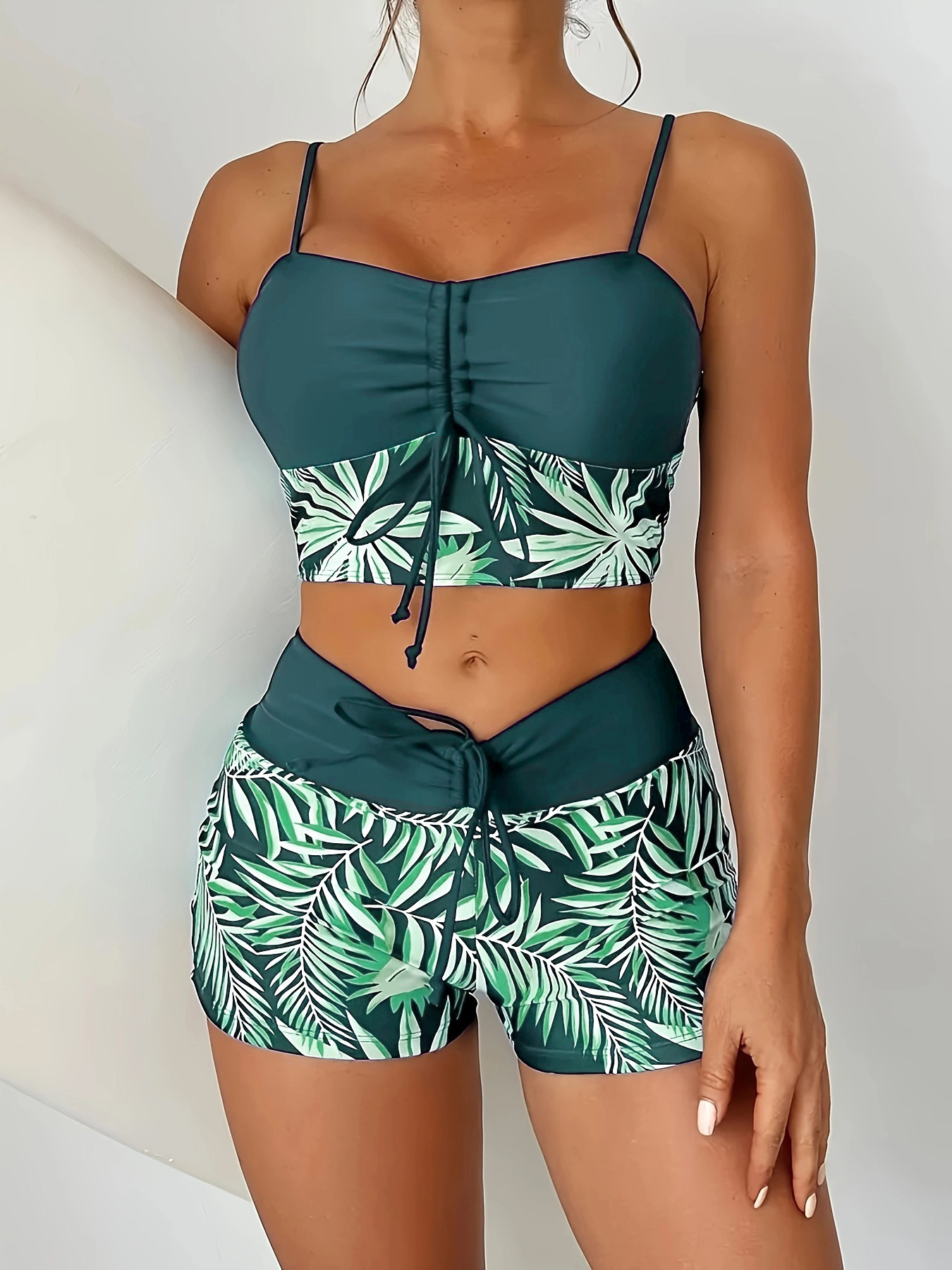 High Waist Lace up Print Swimsuit for Women Split Boxer Style Solid Color Splicing Design European American Foreign Trade 2024 Large Size_ecoleips.com