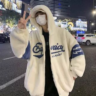 羊羔绒棉衣外套男春秋季宽松潮牌复古青少年百搭撞色连帽夹克