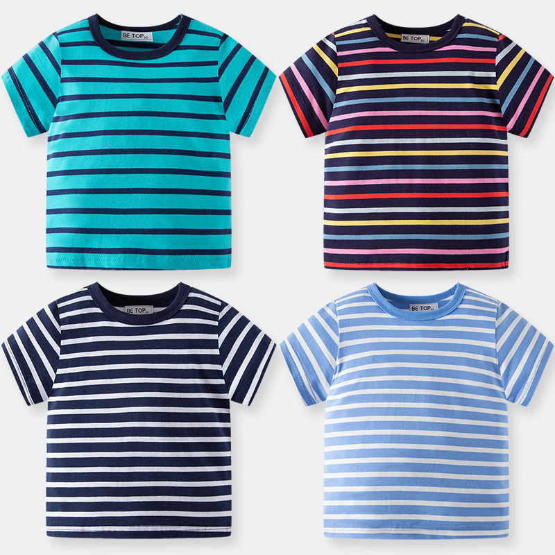 Camisetas de verano 2025 para niños, de algodón puro, informales, a rayas, con cuello redondo, transpirables, de manga corta, al por mayor.