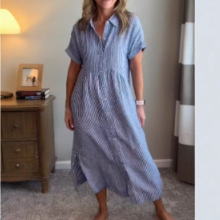 欧美跨境宽松大码条纹短袖衬衫连衣裙女夏季新款休闲棉麻中长裙子