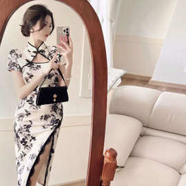 网红直播国风气质复古中长款收腰显瘦开叉蕾丝包臀裙会所茶馆工服