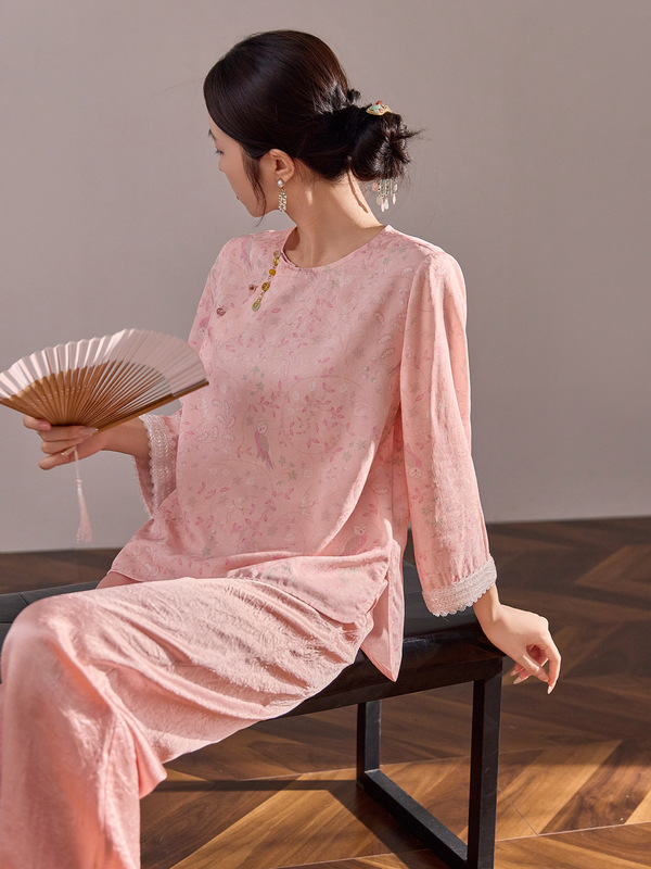 新中式袖口钉珠设计感轻奢上衣女装国风提花圆领新款衬衫 N5075|undefined