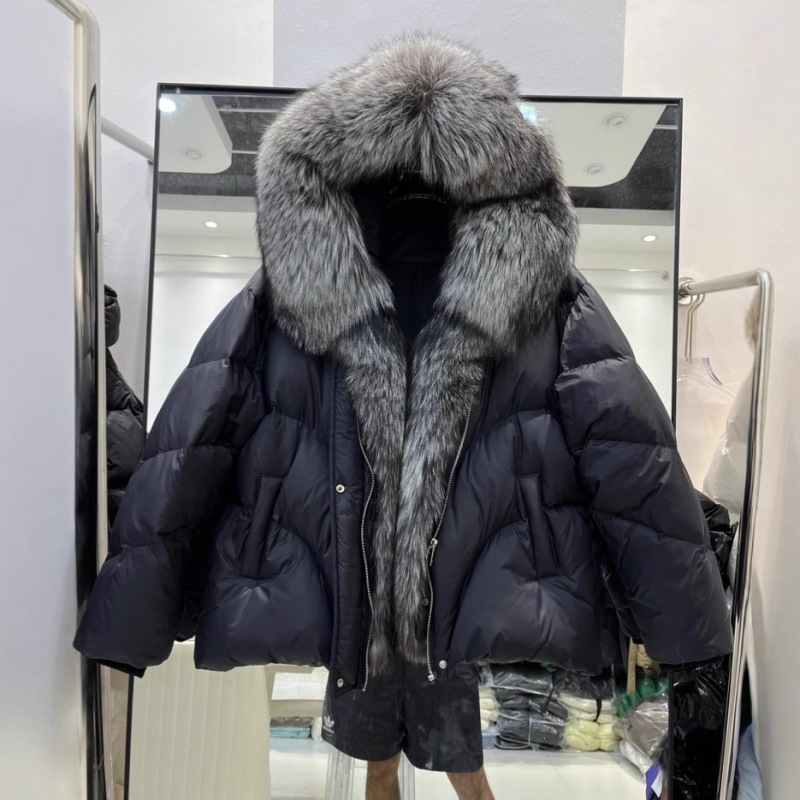 欧货2025冬新款狐狸大毛领连帽羽绒服女短款时尚宽松加厚保暖外套|undefined