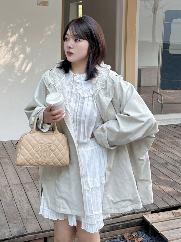 伊诺大码女装蕾丝假两件斗篷风衣2025秋宽松休闲中长款外套323219|undefined