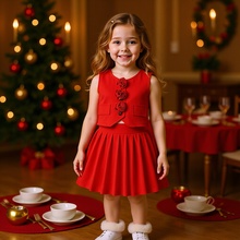 跨境外贸新款夏季女童无袖立体玫瑰花西装马甲搭配纯色百褶裙套装