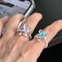 韩系ins百搭琉璃小花蓝紫优化水晶珍珠戒指弹力食指戒透明清冷感