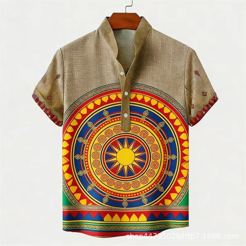 Cross-border African ethnic style men's short-sleeve shirt, vintage sun totem digital print stand-up collar pullover shirt Cross-border African ethnic style men's short-sleeve shirt, vintage sun totem digital print stand-up collar pullover shirt