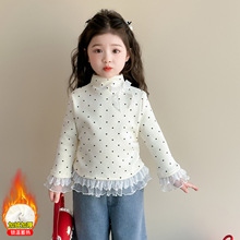 白色波点半高领长袖T恤女春季蝴蝶结打底衫蕾丝花边内搭短款上衣