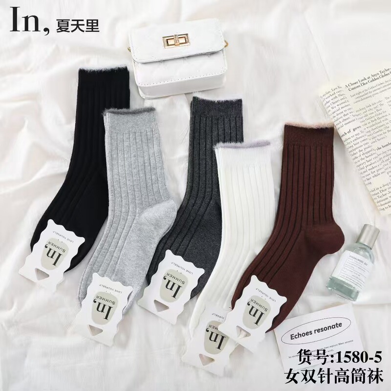 双针长筒袜子女松口纯色条纹净版高筒袜秋冬ins潮日系学院风卷边|undefined
