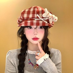 日系卡通小猫蝴蝶结格纹八角帽女春秋出游显脸小y2k复古贝雷帽子