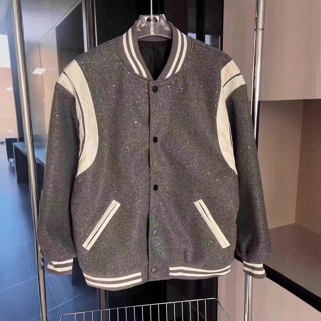 Gypsophila Sparkling Small Fragrance Baseball Jacket for Men and Women Pu Leather Splicing Loose Spring & Fall Couple Jacket