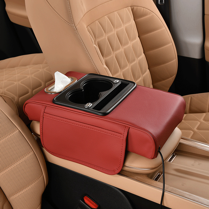 Rechargeable Car Armrest Box Heightening Pad with Cup Holder