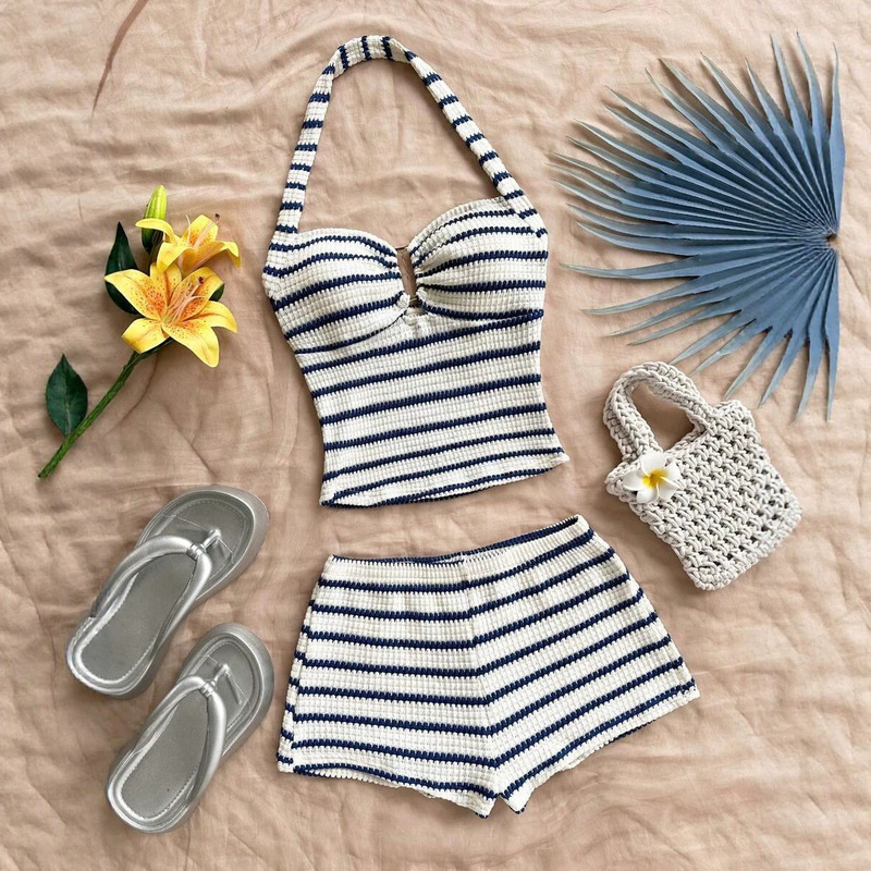 European and American Cross-Border Women's Clothing Summer New 2-Piece Set Vacation Casual Top Striped Knit Texture Shorts