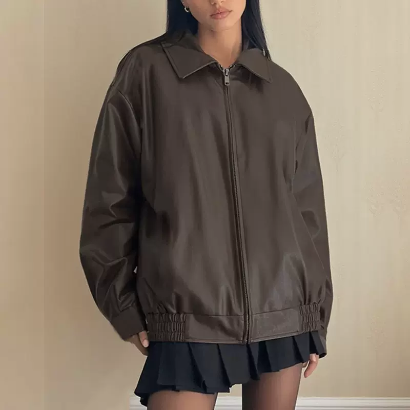 WQ25250PFO长袖基础款皮衣 2025秋季欧美新款宽松版拉链皮上衣