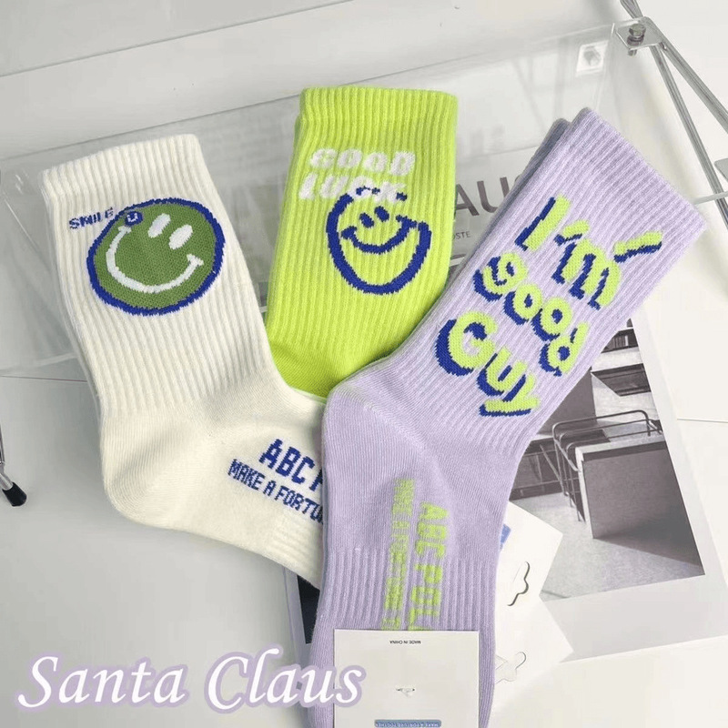 New Smiley Face Three-Dimensional Fluorescent Green Trendy Unisex Colorful College Breathable Mid-Calf Socks Women's Long Sports Socks