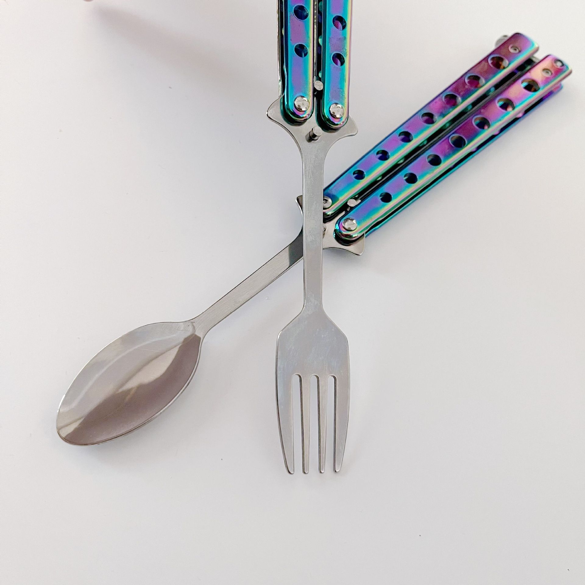 新款不锈钢蝴蝶练习勺子叉子不伤手未开刃练习甩刀