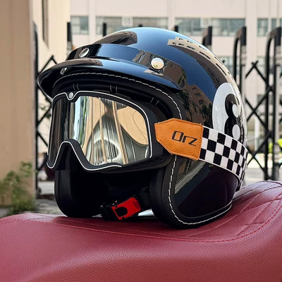 Helmet, Motorbike Helmet, Suitable for All Seasons, Motosiklet kaskı (dəbilqə) - black-8-retro-black-silver-goggles-m