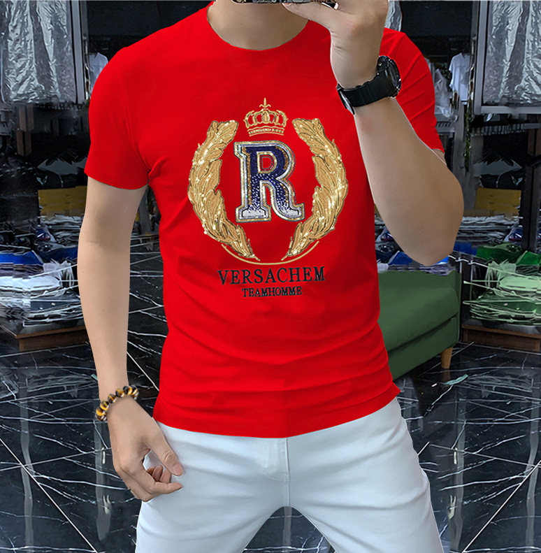 2023 nueva camiseta de manga corta de verano de los hombres de lentejuelas bordadas camisa de cuello redondo en la acción de entrega directa de fábrica superior delgada