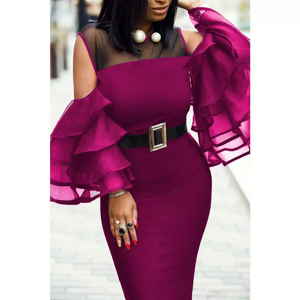 Robe à manches en feuille de lotus pour femme_voghion.com