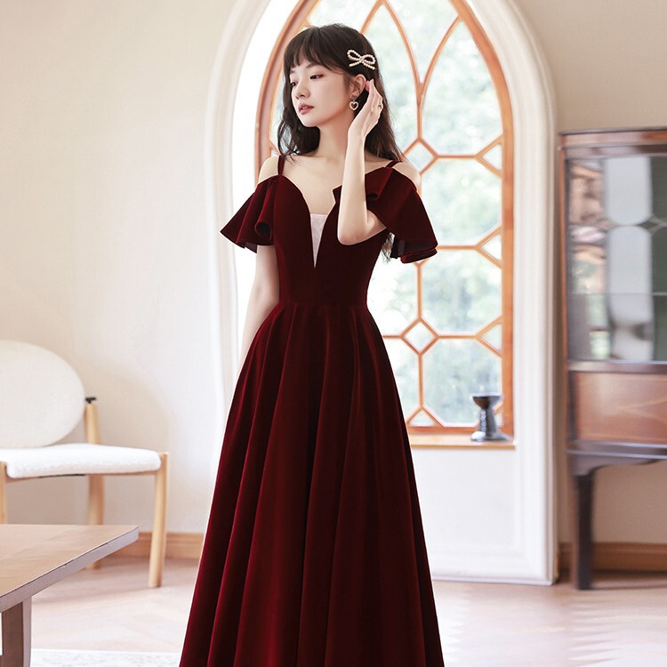 Large size bride toast dress wine red long temperament banquet 200kg plus fat slim fat mm engagement evening dress