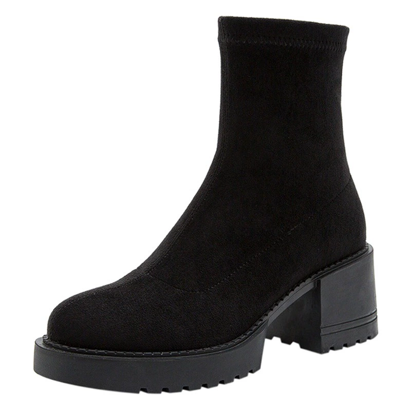 Женские сапоги на высоком каблуке, осень-зима 2021, новый стиль, корейские ботинки телесного цвета Huizhou на толстом каблуке с флисовой подкладкой, черные тонкие короткие сапоги