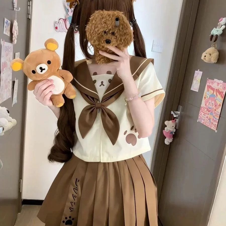 【Light Bear】Original Cute JK Uniform Short Sailor Suit Set, Adorable Soft Girl Sweetheart Brown Two-Piece Set for Women