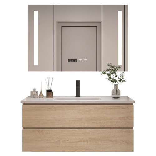 Wholesale modern simple wood color bathroom cabinet combination ceramic integrated basin wash cabinet bathroom sink hand washing