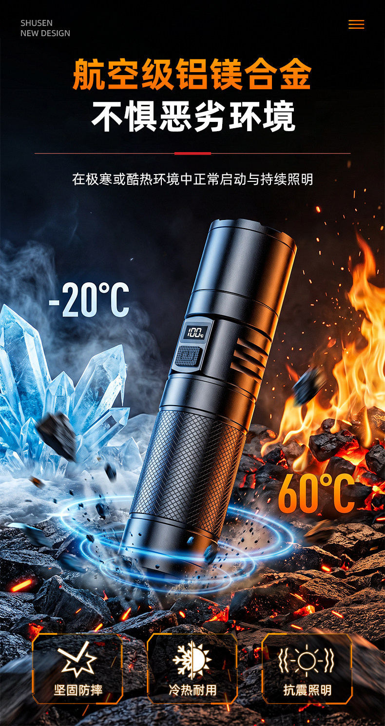Shuosen flashlight, strong light, rechargeable, ultra-bright, long-lasting, 2026 new model, outdoor long-range high-power light