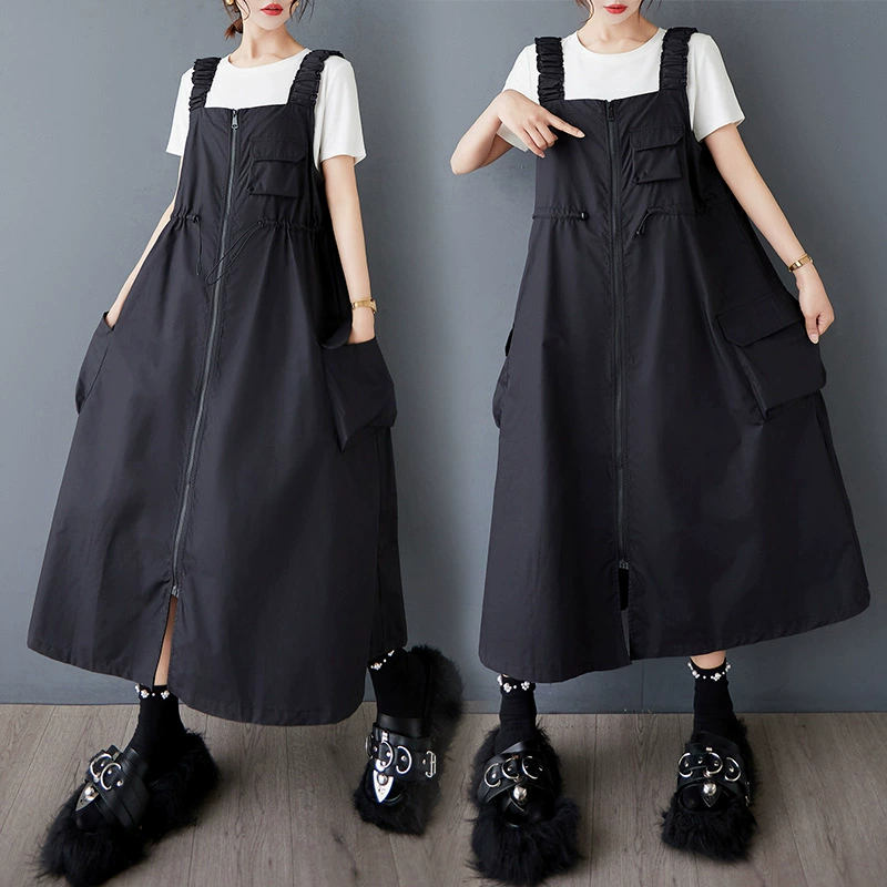 Настоящая фотография модной юбки с большими карманами на молнии и нишей на шнурке, утягивающая юбка на подтяжках, свободная повседневная эластичная юбка-жилет