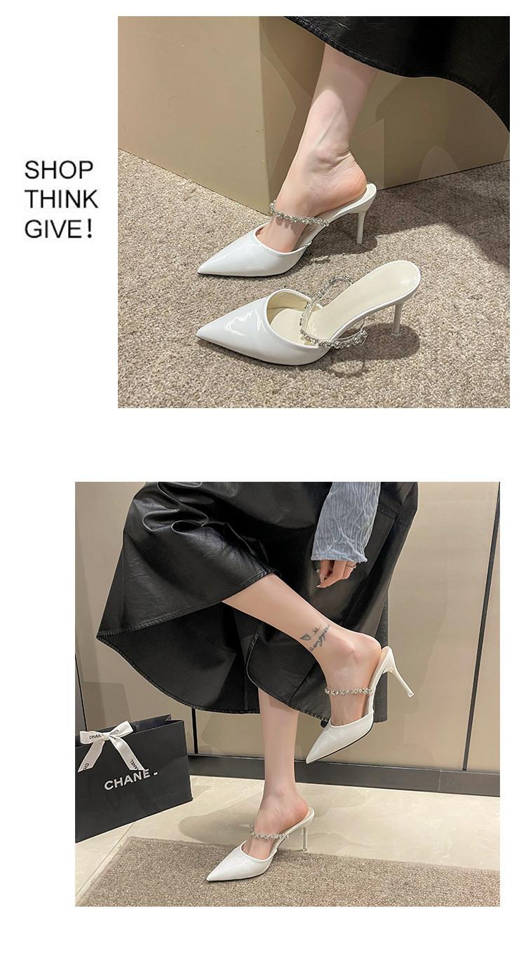 High-heeled toe slippers for women 2023 summer new style French rhinestone one-strap stiletto pointed toe patent leather half slippers_voghion.com