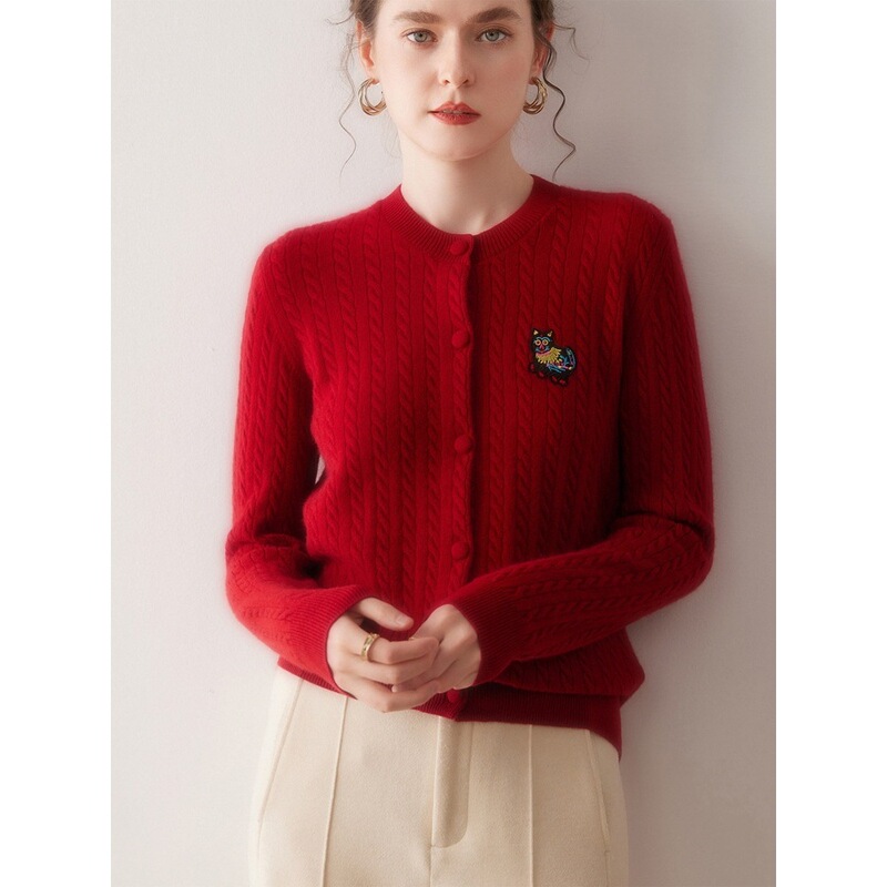 Autumn and Winter 100% Pure Cashmere Knitted Cardigan Single-Breasted Thick Style Versatile Soft and Skin-Friendly Retro Women's Jacket