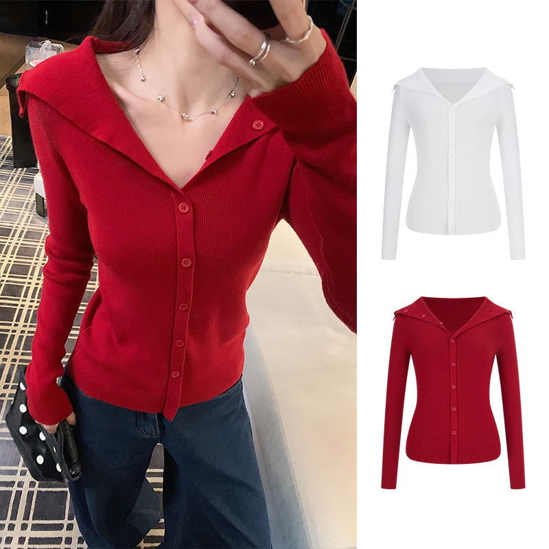 Moses Queen Red White Lapel Christmas Knitwear Knitwear V Neck Slim Cardigan Top