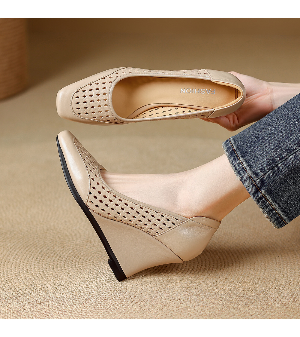 Giày sandal nữ da thật mũi vuông gót xuồng thấp, xỏ chân thoáng khí đi làm — màu trắng ngà, màu mơ chi tiết 5
