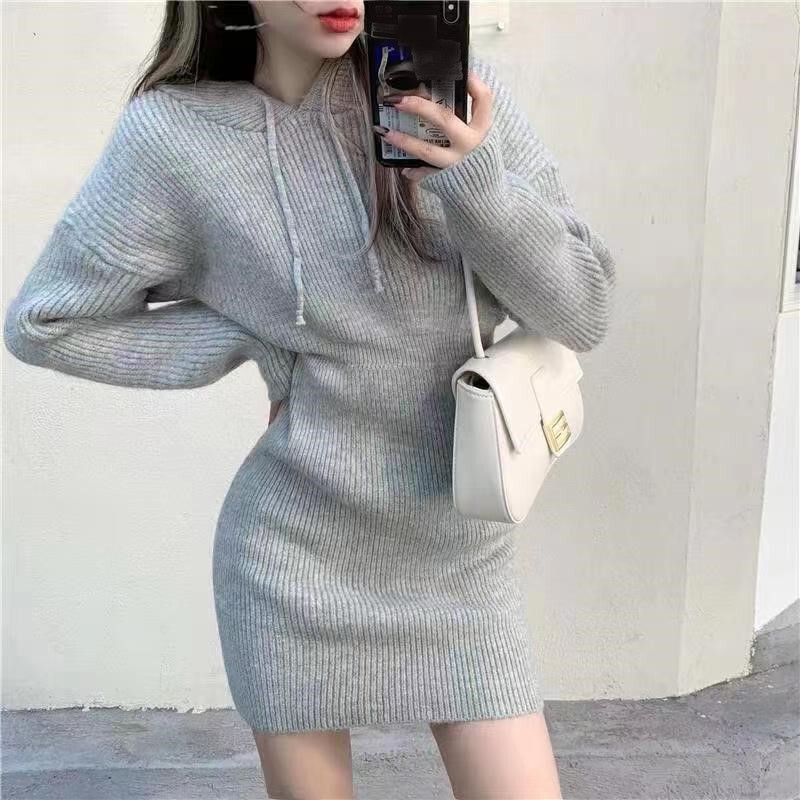Autumn and Winter Base Sweater Knitted dress Hooded Design Sense Niche Foreign-style Age-reducing Pure Desire Atmosphere Sense Hip Skirt Autumn and Winter Base Sweater Knitted dress Hooded Design Sense Niche Foreign-style Age-reducing Pure Desire Atmosphere Sense Hip Skirt