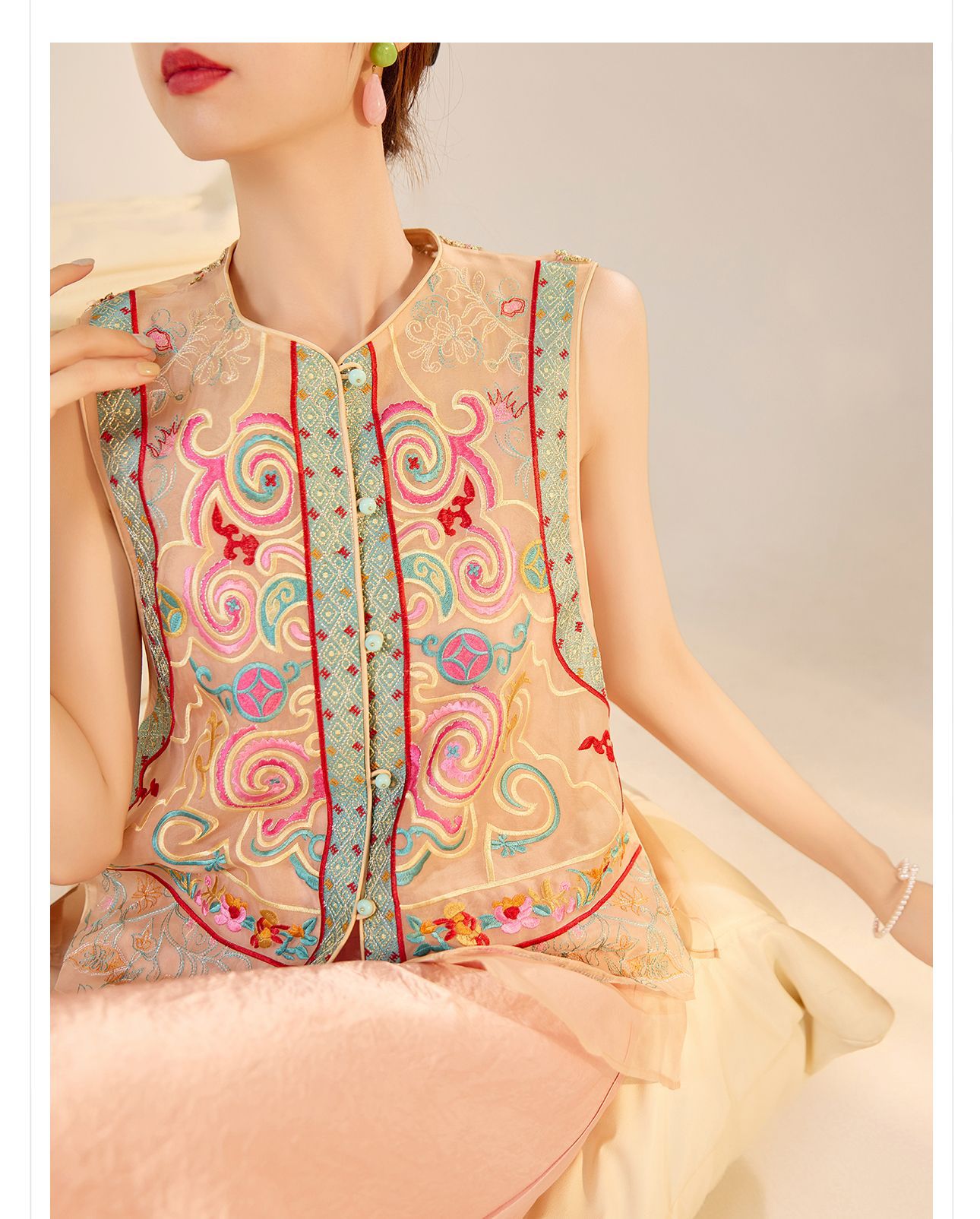 Áo vest cổ đứng phong cách retro Trung Hoa, thiết kế thêu, chất liệu tơ dâu tằm, mẫu ZX N4045 — Màu đen, Hồng mơ chi tiết 3