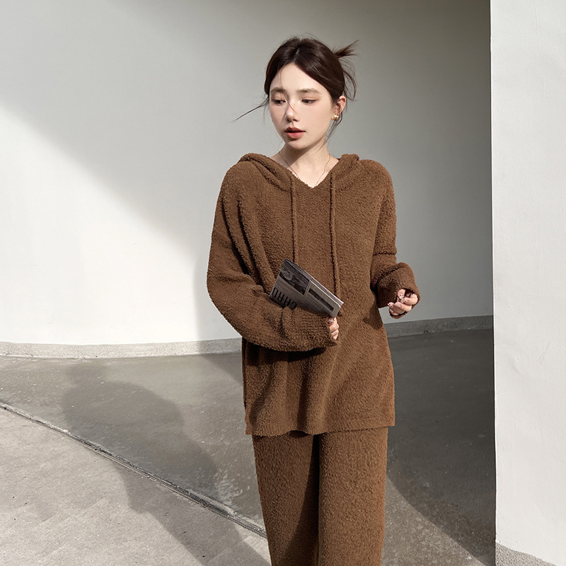 Hooded Pajamas Set for Women, Soft Autumn and Winter Comfortable Thickeneded Knitted Casual Sweatshirt Pure Color Home Clothes That Can Be Worn Outside