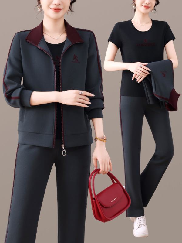 2025春秋新款女装立领拼色休闲套装中老年减龄洋气拉链卫衣三件套|undefined