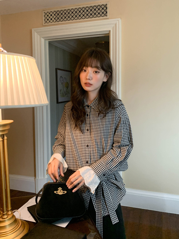 你好卡农 袖口花边拼接格子衬衫女春季新款宽松设计小众长袖衬衣|undefined