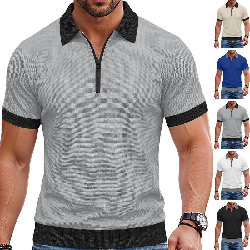 Estación independiente transfronteriza vacaciones europeas y americanas hombre waffle color contraste solapa suelta de tamaño grande deporte casual polo mangas cortas